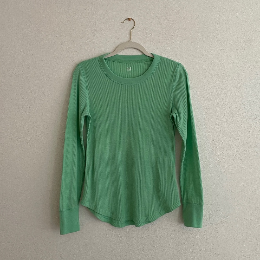 GAP Waffle Crew Top Long Sleeve Thermal Tee Green